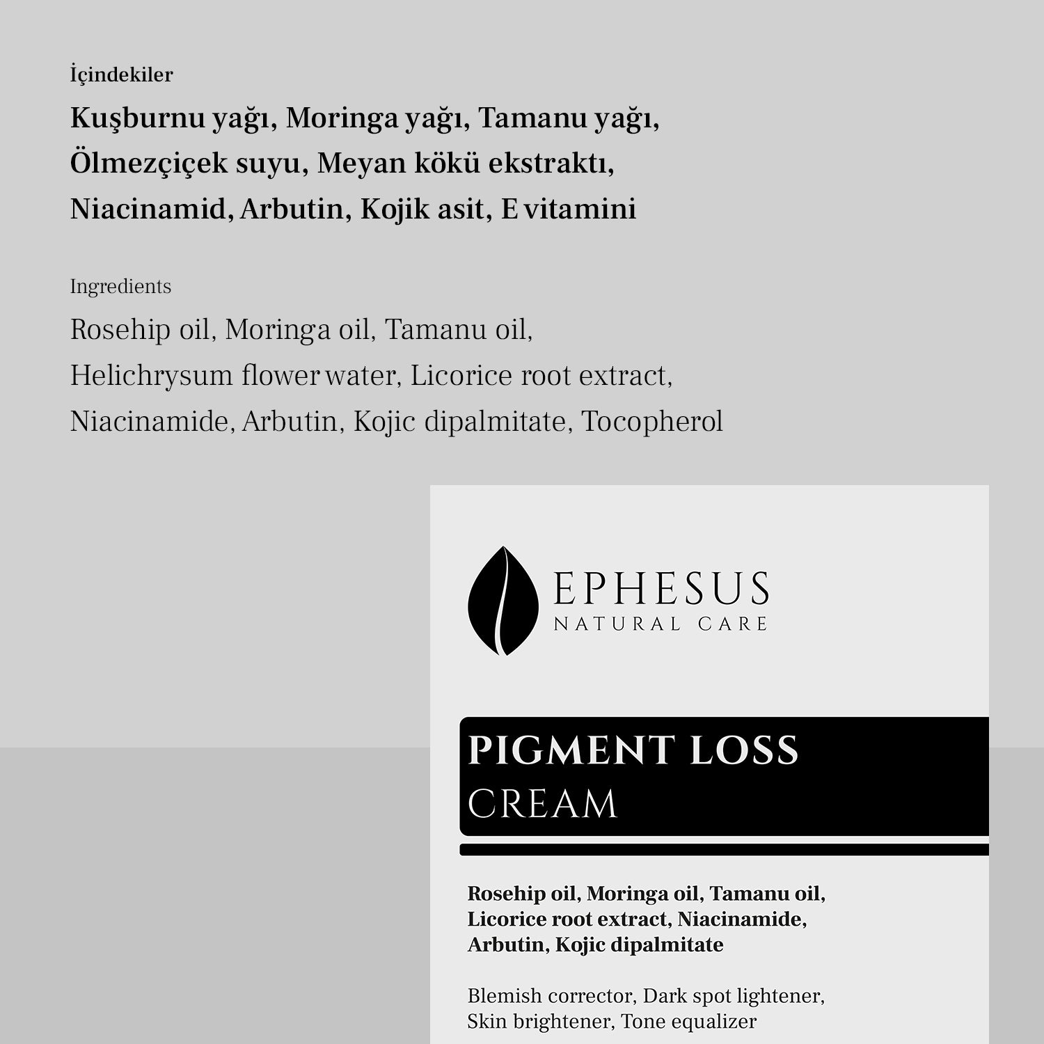 Leke Giderici ve Cilt Tonu Eşitleyici Krem İçindekiler, Ephesus Natural Care