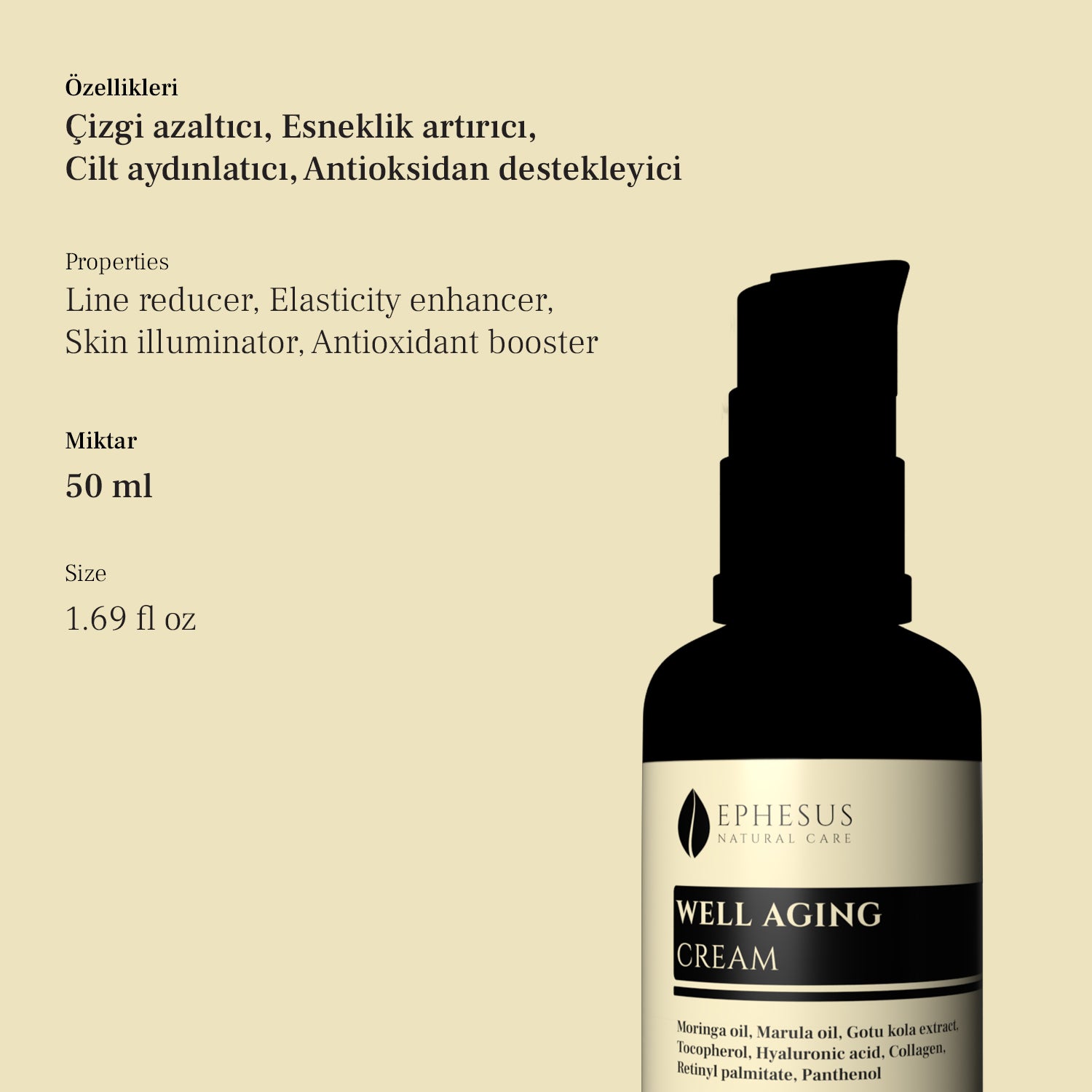 anti-aging krem kırışıklık giderici, yaşlanma karşıtı , sıkılaştırıcı krem, antioksidan destekleyici, çizgi azaltıcı, esneklik artırıcı, cilt aydınlatıcı, sıkılaştırıcı krem, Ephesus Natural Care