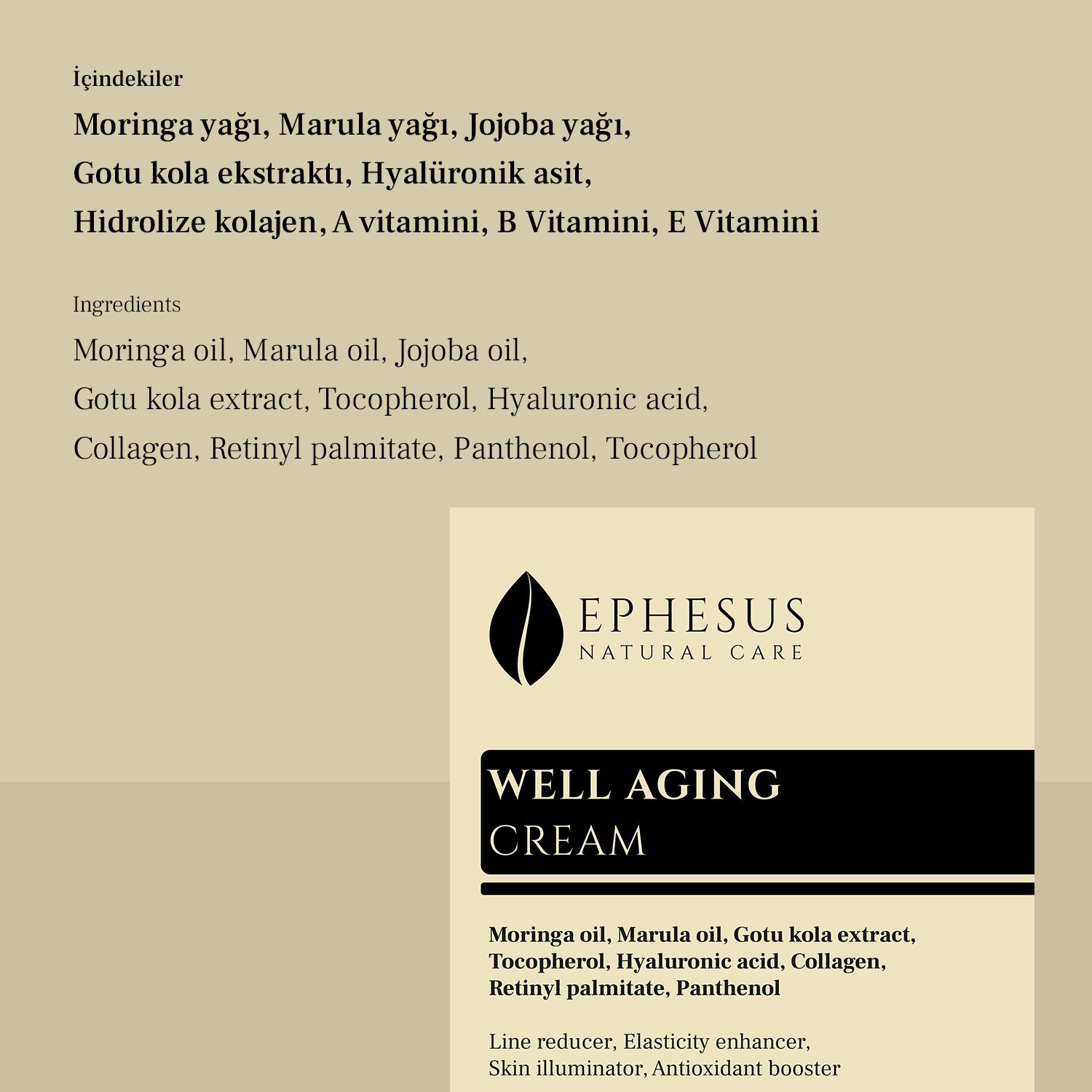 anti-aging krem içeriği hyaluronik asit, kırışıklık giderici, yaşlanma karşıtı krem içindekiler, Gotu Kola ekstratı, Kolajen, Tokoferol